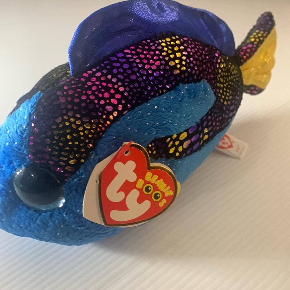 Feb.18 Birthday TY Beanie Boos, blue fish with bright colors of yellow and pink,